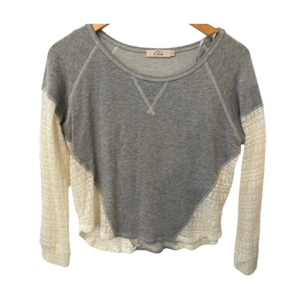 Elodie Women Gray Knit Cream Textured Lace Sleeve Sweater Shirt Medium